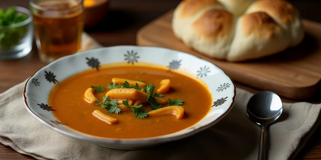 a bowl of soup with pita bread and a drink on a table with a cutting board and utensils, Bouchta El