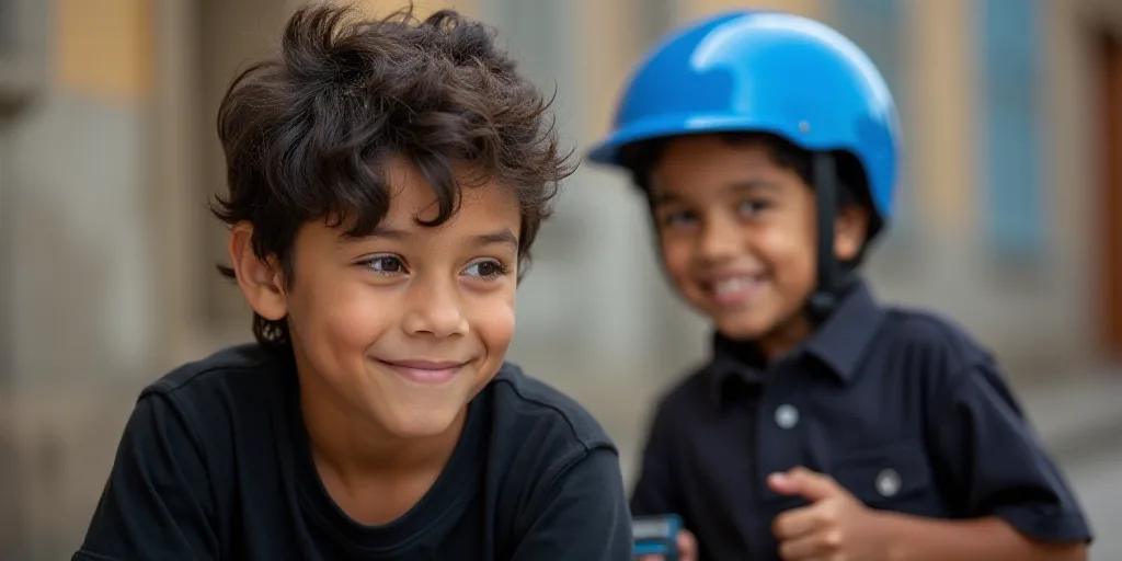 a boy in a black shirt and a picture of a boy in a blue helmet and a black shirt, Felix-Kelly, award