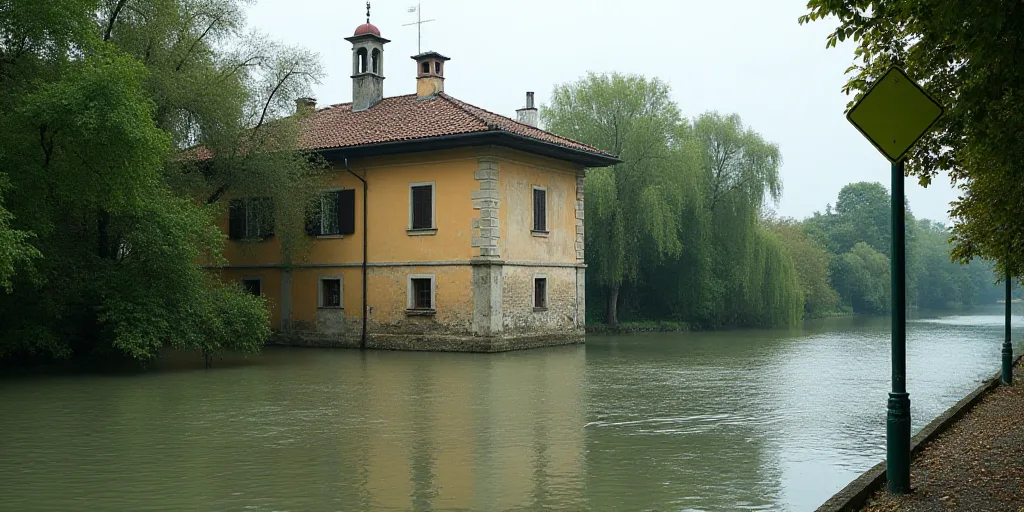 a building surrounded by water and trees in the background is flooded with water and a green street