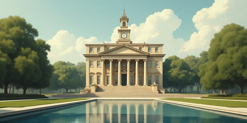 a building with a clock on the top of it's roof and trees in front of it and a pool of water in fron