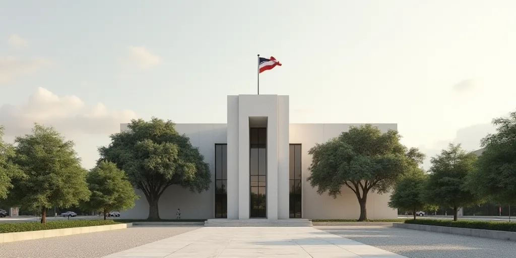 a building with a flag on top of it and trees in front of it and a flagpole on top of it, Carlos Tri