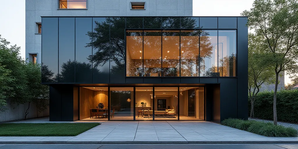 a building with a glass front and a logo on it's side and a tree reflected in the glass, Carlos Berl