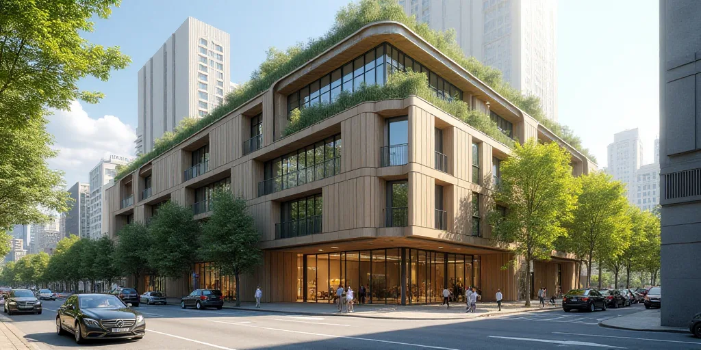 a building with a lot of windows and a balcony with plants on it and cars on the street below, David