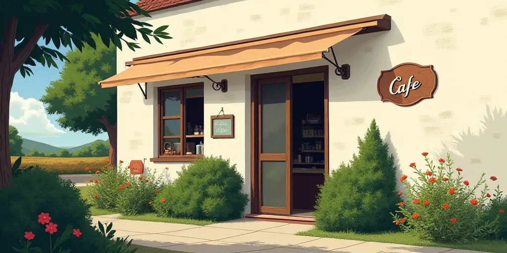 a building with a sign that says cafe on it's side and a bush in front of it, Celia Fiennes, logo, a