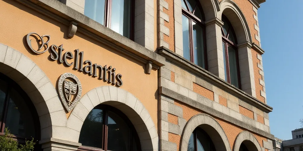 a building with a sign that says stellantis on it's side and a circular logo on the side, Aldus Manu