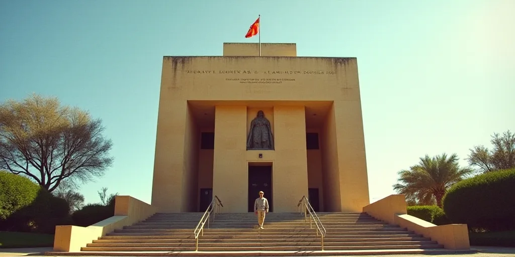 a building with a statue of a man and a flag on it and a man walking up the stairs, David Alfaro Siq