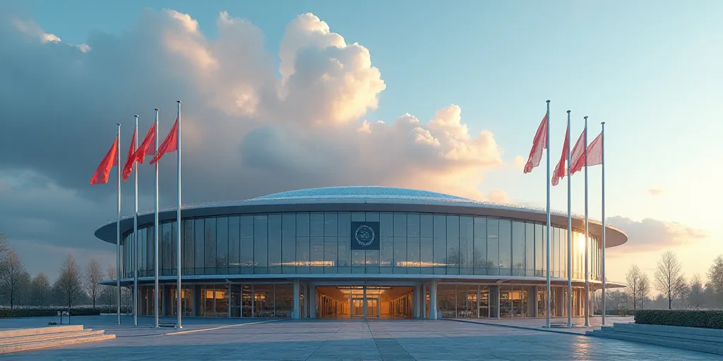 a building with flags flying in front of it and a sky background with clouds in the background and a