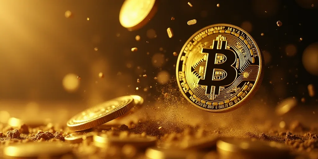 a bunch of bitcoins are flying in the air with gold dust around them and a bitcoin symbol on the sid
