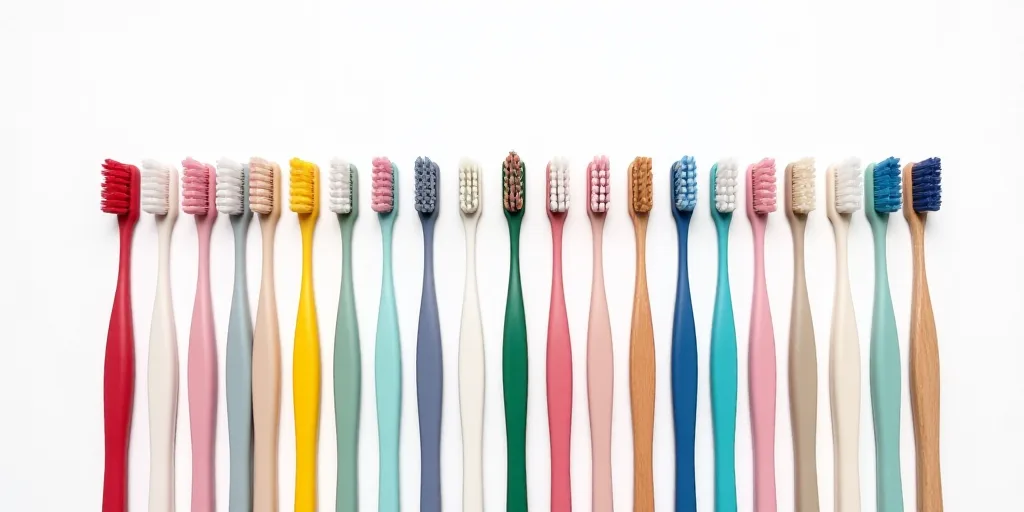 a bunch of colorful toothbrushes are lined up in a row on a white background with a red white and bl