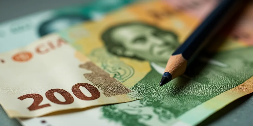 a bunch of mexican currency sitting on top of each other on a table with a pen and pencil in it, Aqu