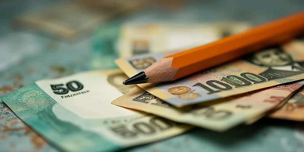 a bunch of mexican currency sitting on top of each other on a table with a pen and pencil in it, Aqu