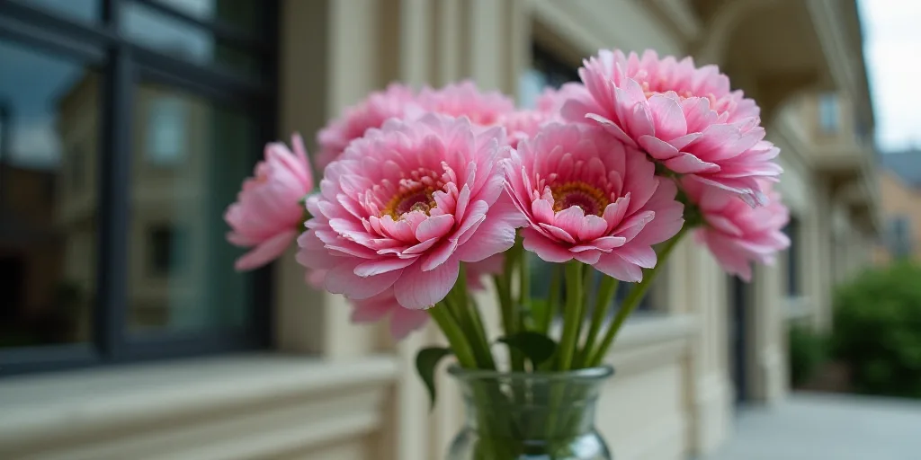 a bunch of pink flowers are in a vase on a table outside a building with a window behind it, Dennis