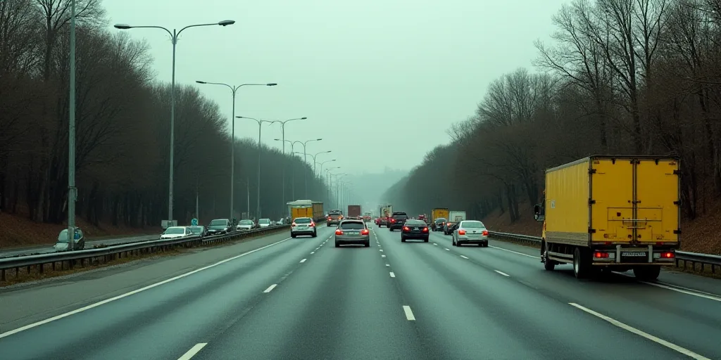 a busy highway with cars and trucks on it and a yellow bus on the side of the road and trees on the