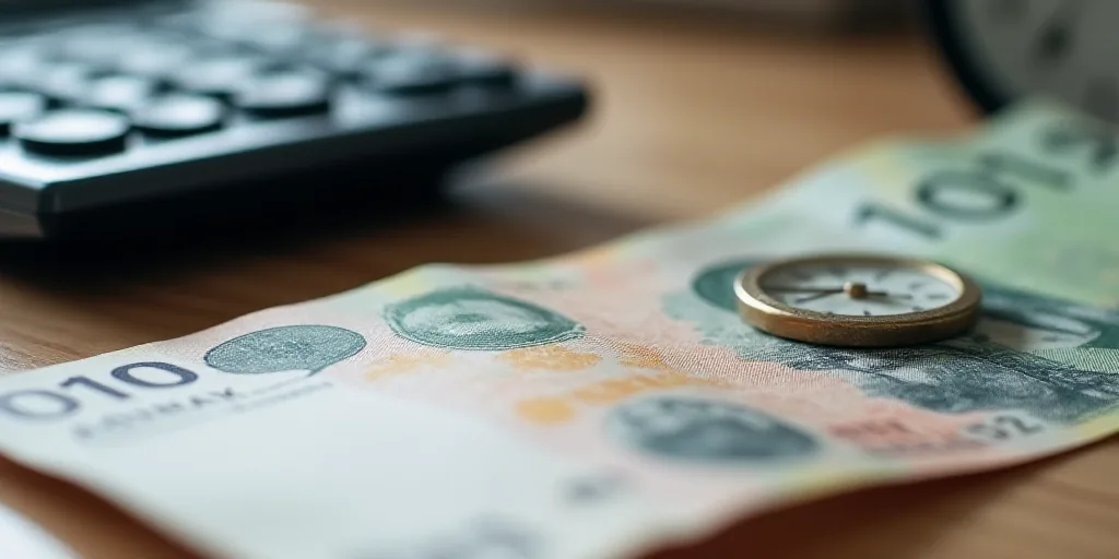 a calculator and a bank note on a table with a clock on it and a calculator, Aquirax Uno, macro, a s