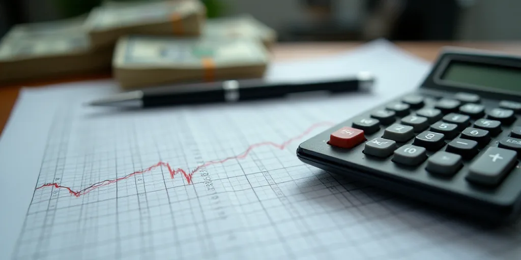 a calculator and a stack of money on a desk with a graph paper and pen on it, Andries Stock, 16k, a