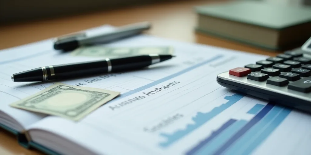 a calculator, pen, and money on a table with a notebook and pen on it,, Aquirax Uno, macro, a stock