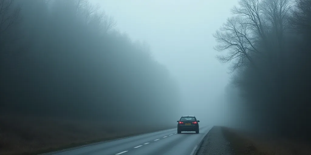 a car driving down a road in the foggy weather with trees on both sides of the road and a car on the