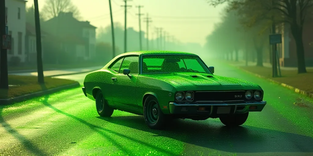 a car with a lot of green glitter on it's windshield and a street sign in the background, De Hirsh M