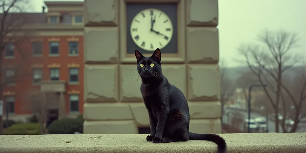 a cat is sitting on a ledge in front of a building with a clock on it's face, Brice Marden, 3 5 mm f