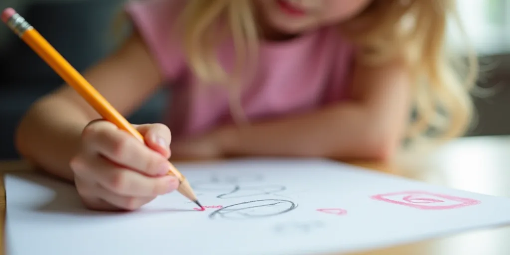 a child is writing on a piece of paper with a pencil in her hand and a pencil in her other hand, Art