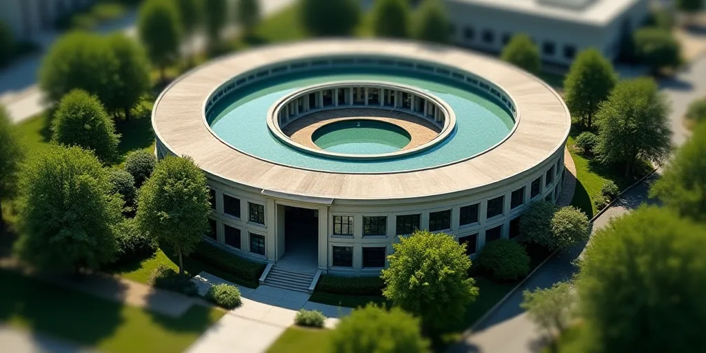 a circular building with a pool in the middle of it and a lot of trees around it and a street, Evere