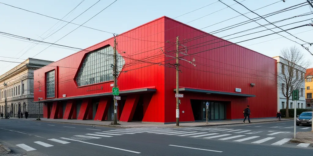 a city street with a red building and a red and white building on the side of the road and a green a