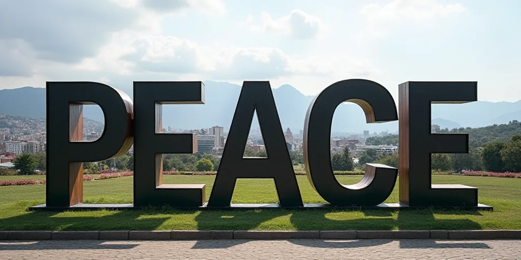 a city with a large sign that says peace in the middle of it's letters and a city in the background,