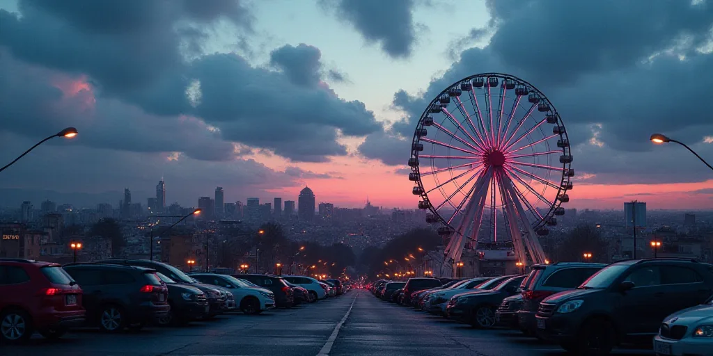a city with a lot of cars parked in it at dusk time with a sky full of clouds and a ferris wheel, Ed