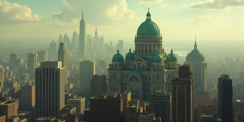 a city with a lot of tall buildings and a green dome on top of it's roof top, Emiliano Ponzi, aerial