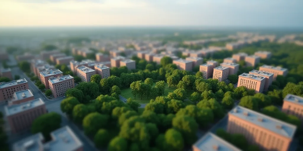 a city with lots of buildings and lots of trees in the middle of it, from above, looking down on a c