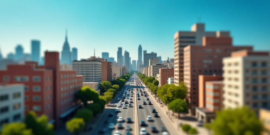 a city with tall buildings and a lot of traffic in the foreground and a blue sky in the background,