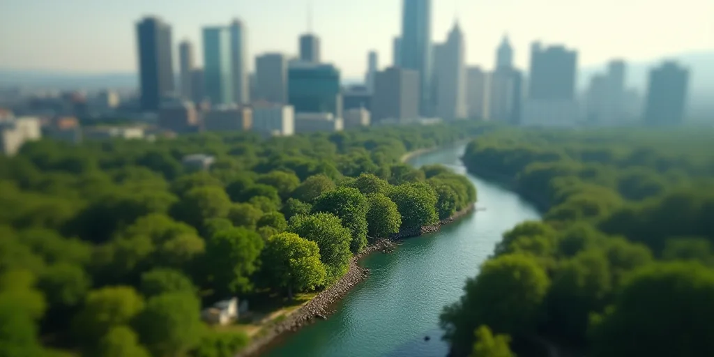 a city with tall buildings and a lot of trees in the foreground and a river running through it, Eddi