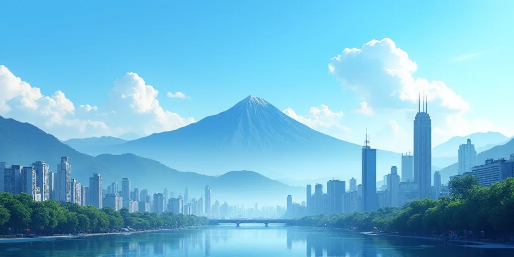 a city with tall buildings and a mountain in the background with a blue sky in the foreground and a