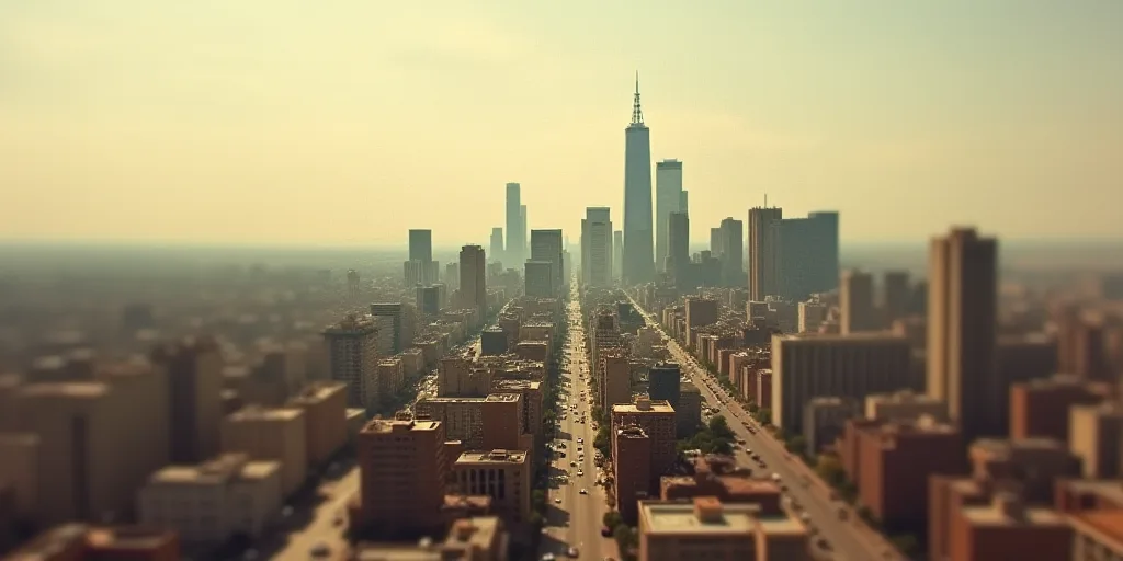 a city with tall buildings and a sky scraper in the background with a hazy sky in the foreground, Da