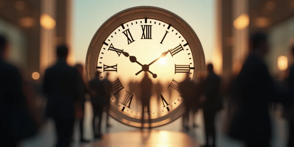 a clock with a group of people standing around it in the background with a blurry image of a clock f