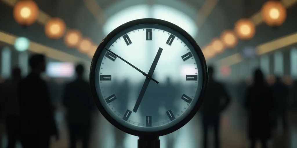 a clock with a group of people in the background behind it with a blurry image of a clock face, Denn