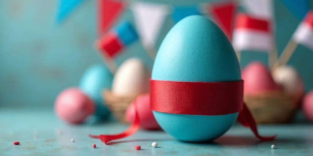 a close up of a blue egg with a red ribbon around it and flags in the background with a red, white,