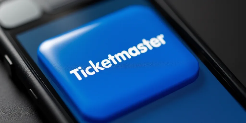 a close up of a blue ticketmaster button on a cell phone with the word ticketmaster on it, Ernest Bu