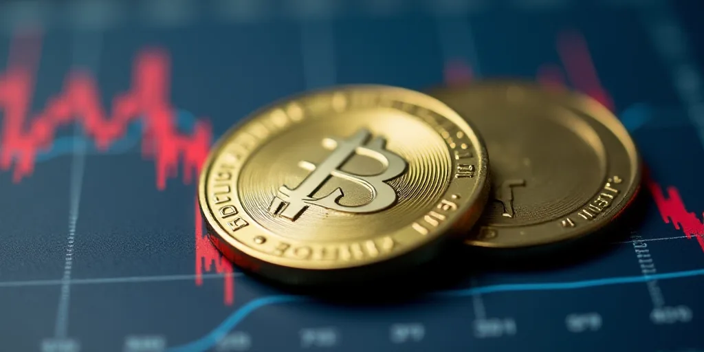 a close up of a coin on a table with a graph in the background and a red line going up, Aquirax Uno,