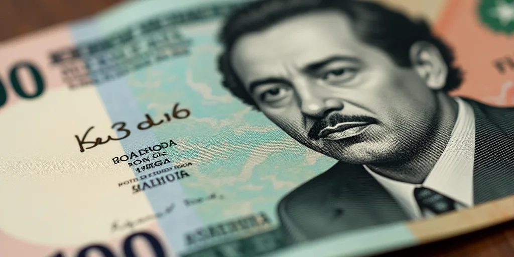 a close up of a one hundred mexican peso bill with a portrait of president ronald castro on it, Aqui