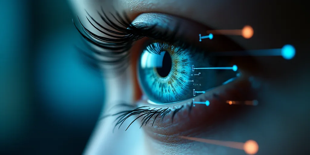 a close up of a person's eye with a futuristic design over it and a line of arrows, Andries Stock, c