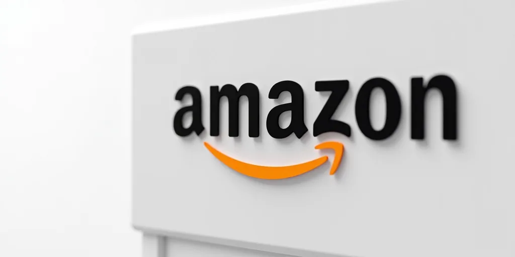 a close up of a sign with the amazon logo on it's side and a white background with the amazon logo,