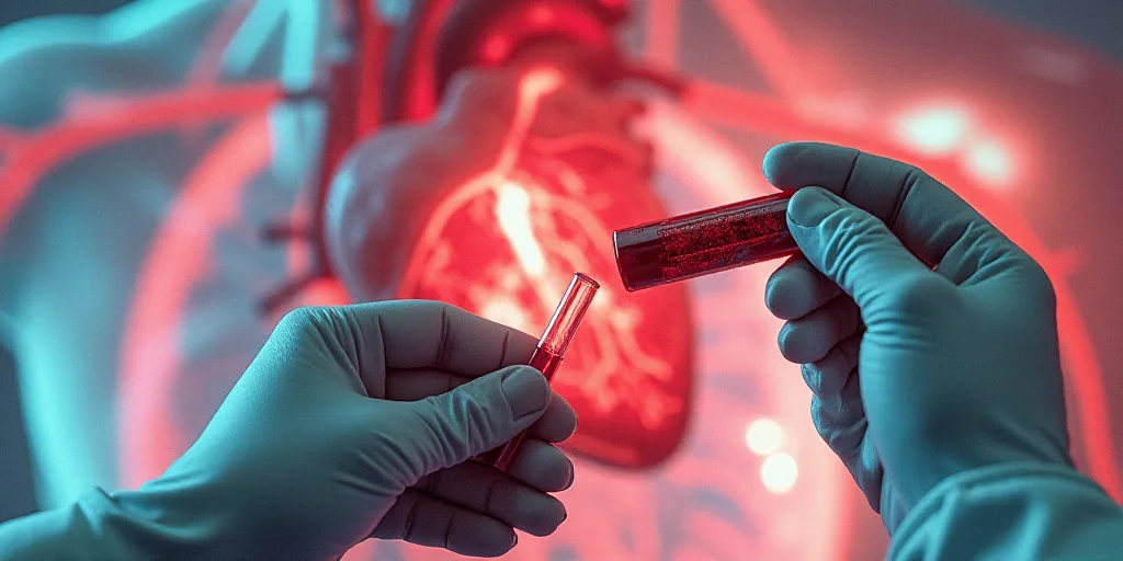 a collage of images with a doctor holding a sys and a blood test tube in front of a picture of a hea