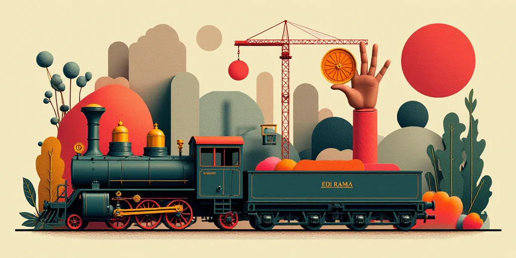 a collage of images with a train and a hand holding a coin and a crane and a hand with a graph, Edi