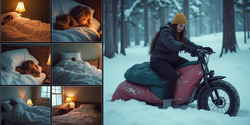 a collage of photos of people sleeping and sleeping in bed and a woman on a bike with a sleeping bag