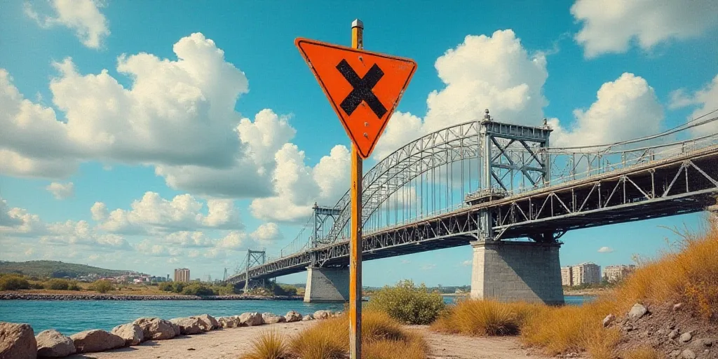 a construction sign is shown in front of a construction site and a bridge in the background with clo