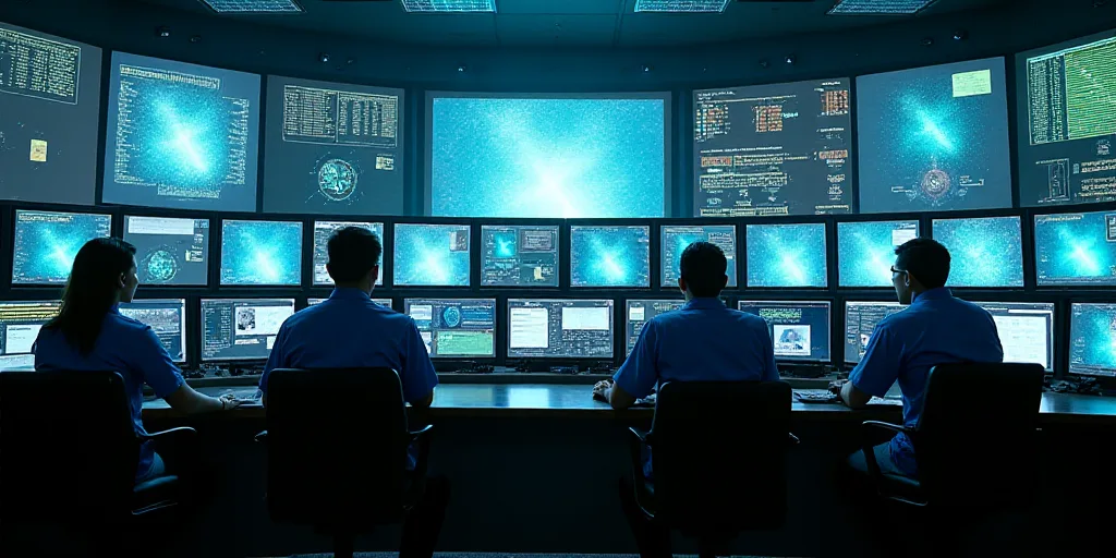 a control room with many monitors and people working on them in front of them are people in blue shi