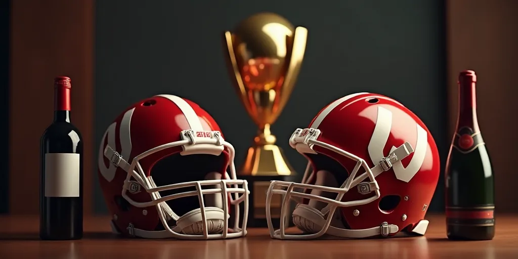 a couple of helmets sitting on top of a table next to a trophy and a bottle of wine on a table, Denn