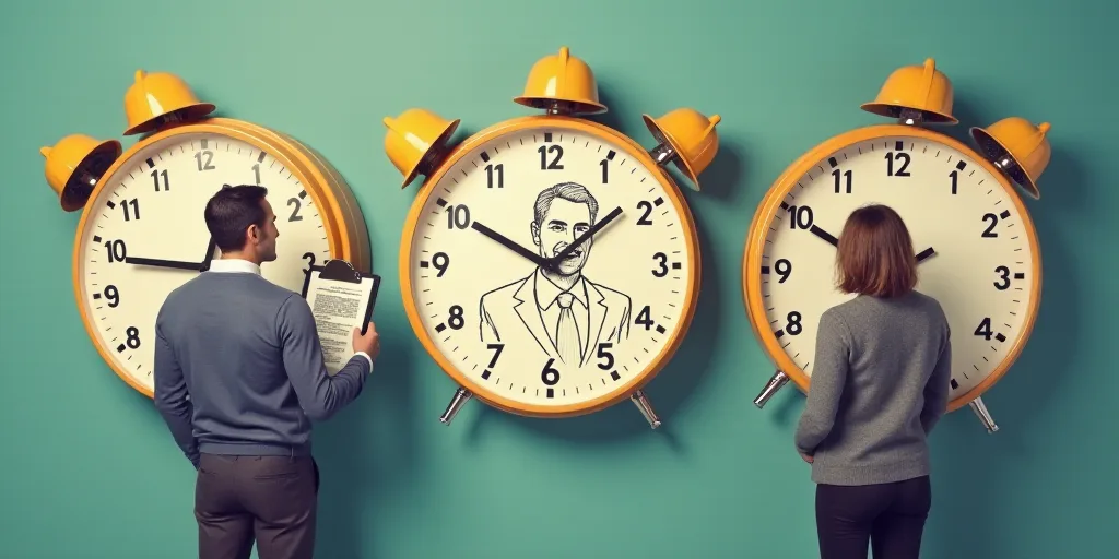 a couple of people standing next to a bunch of clocks with hard hats on them and a clipboard with a