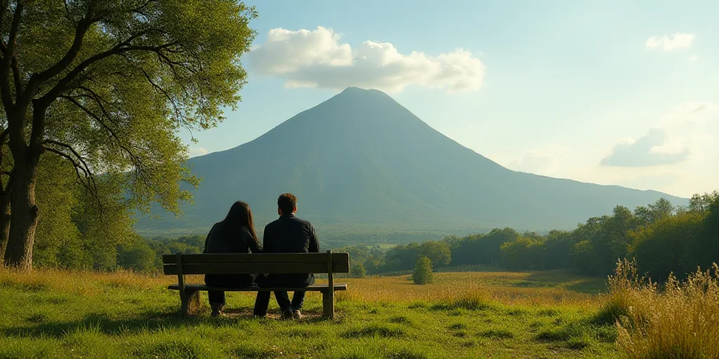 a couple of people that are sitting on a bench in the grass and trees and a mountain behind them, Bo